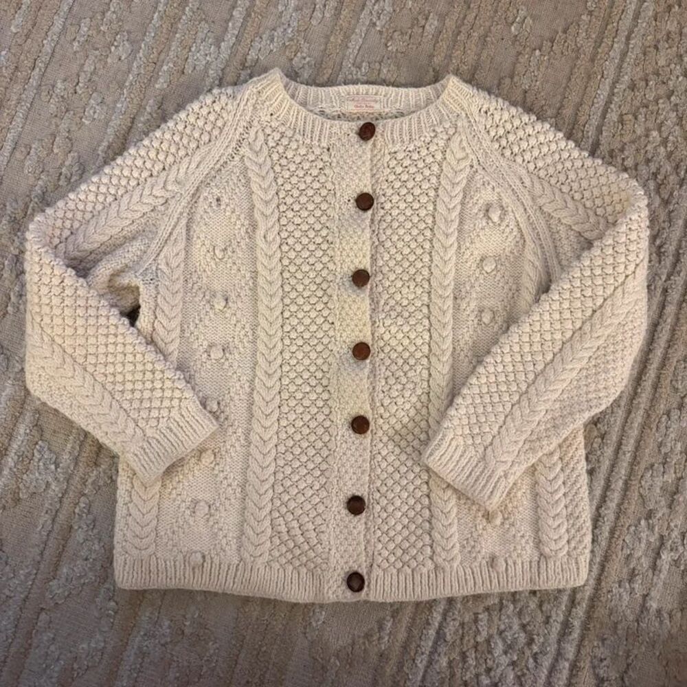 Vintage Hand Knit Wool Blend Cream Cable Knit Cardigan Sweater